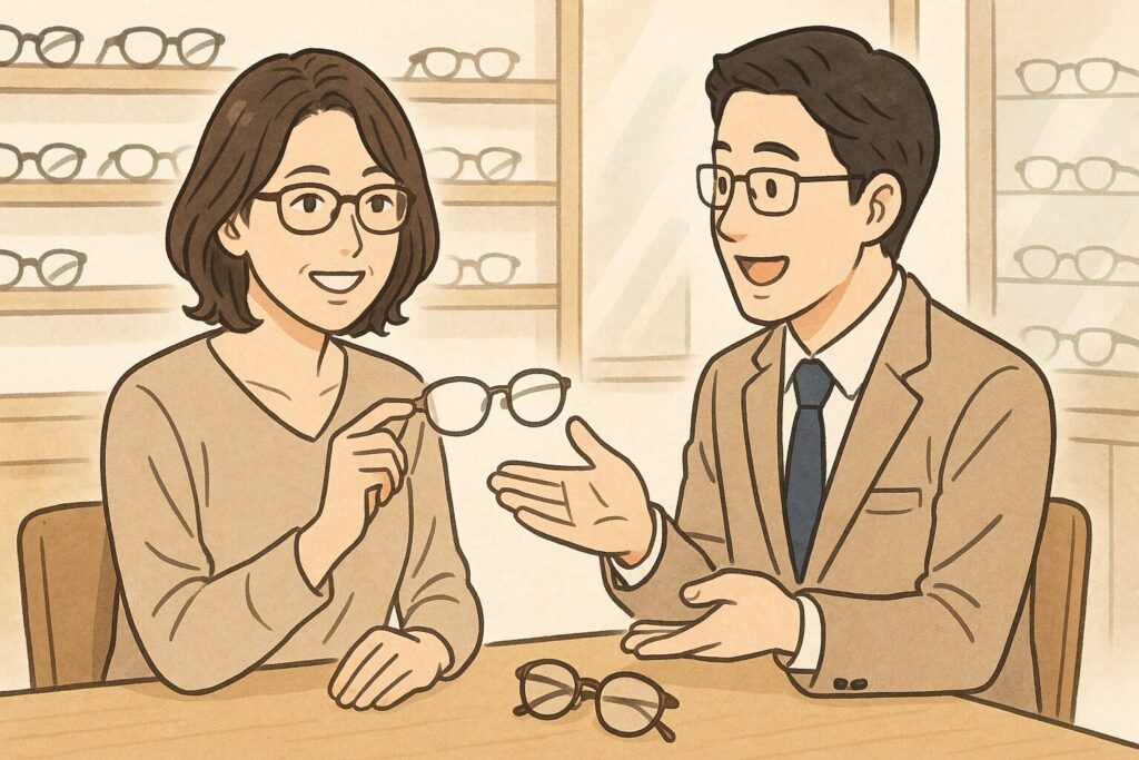 ブルーライトカットメガネを実店舗で専門スタッフに相談しながら選ぶ40代女性