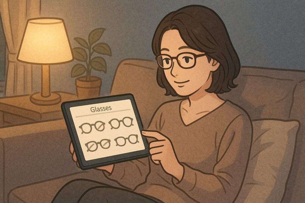 オンラインストアで自分のペースでブルーライトカットメガネを選ぶ女性