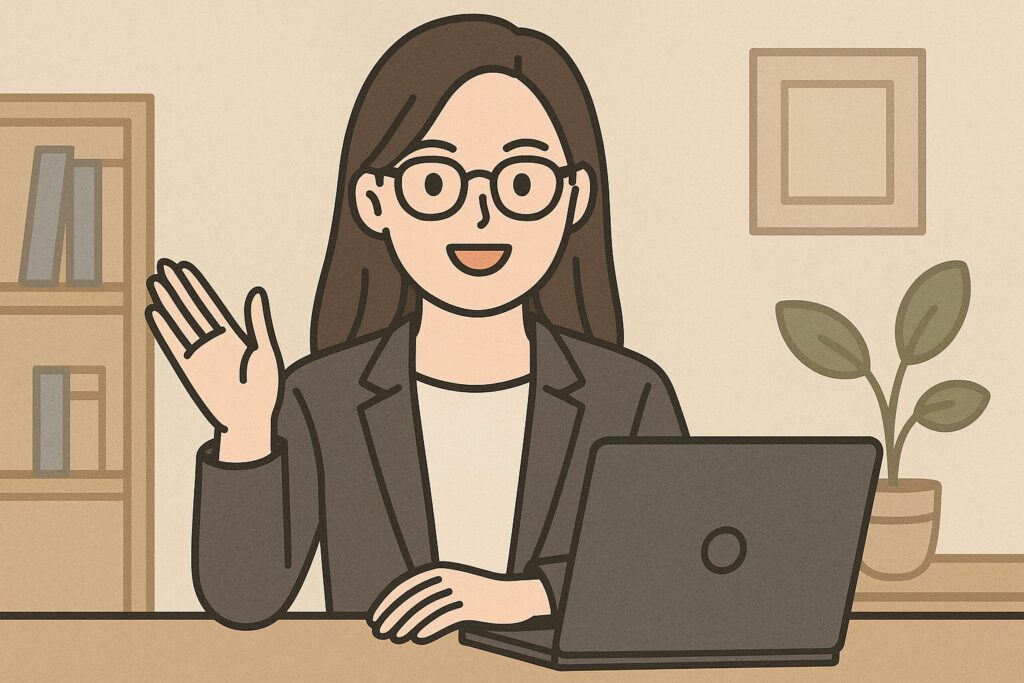 オンライン会議で印象の良いブルーライトカットメガネをかけた40代女性