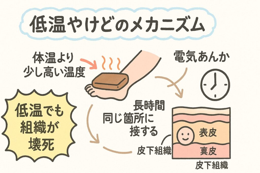 低温やけどのメカニズムを分かりやすく説明したイラスト