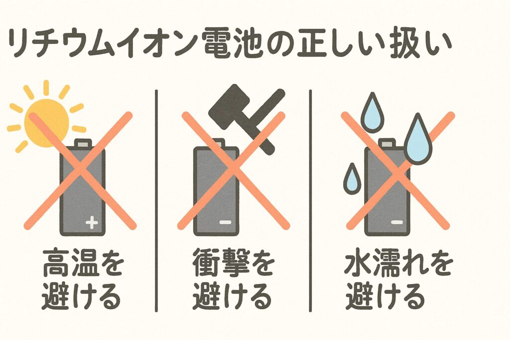 リチウムイオン電池の正しい扱い(高温・衝撃・水濡れを避ける)を注意喚起するピクトグラム