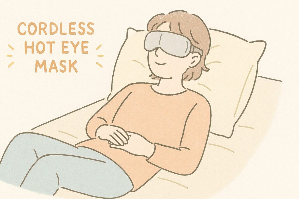 コードレスタイプのホットアイマスクをつけたまま、ベッドで楽な姿勢でくつろぐ人のイラスト