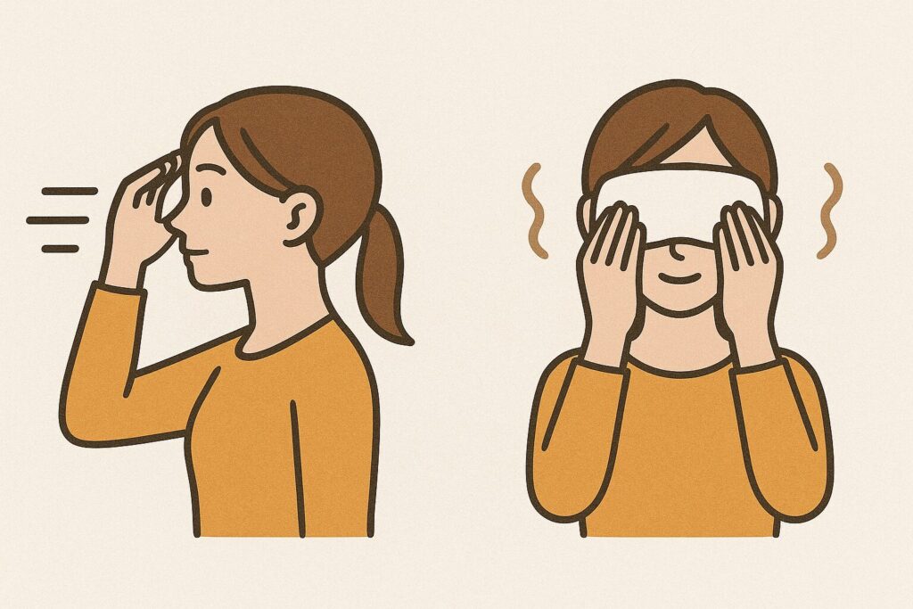 遠くを見る女性のイラストと蒸しタオルを当てる女性のイラスト