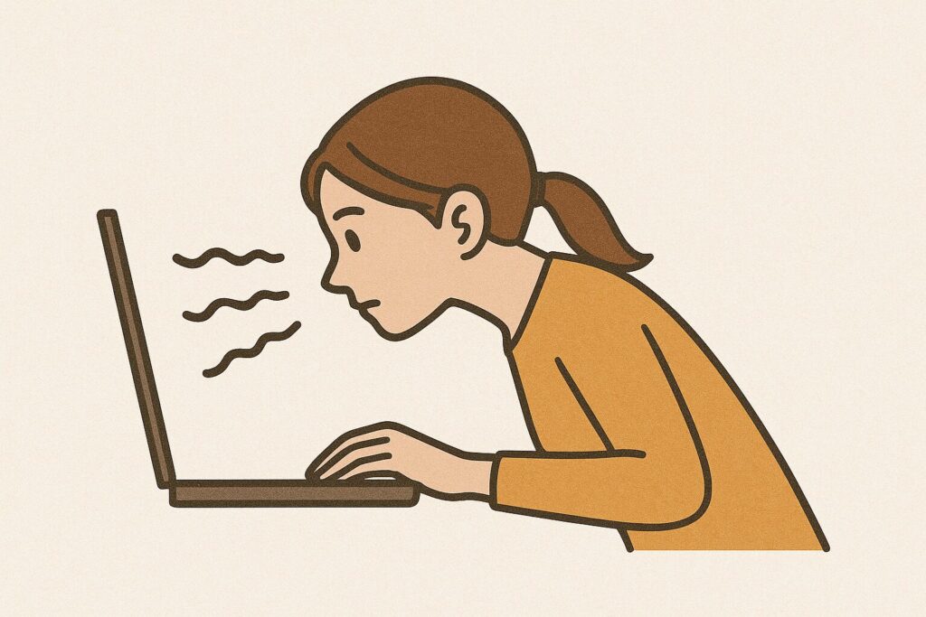 自然と顔をパソコンの画面に近づけてしまうイラスト
