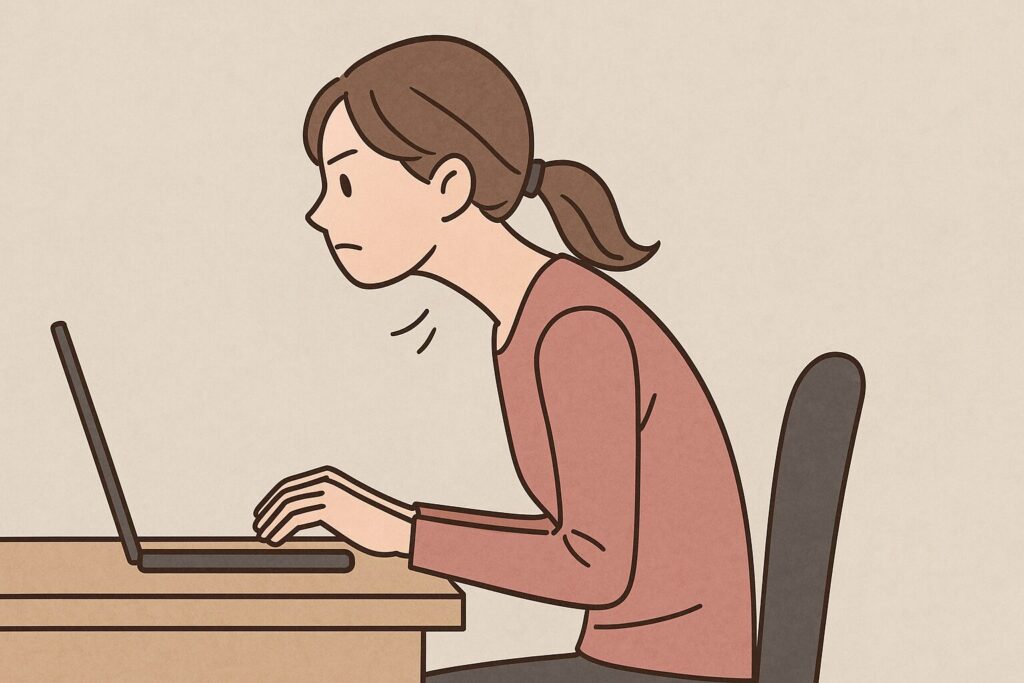 パソコン作業で前に突き出すような首猫背の姿勢になった女性のイラスト