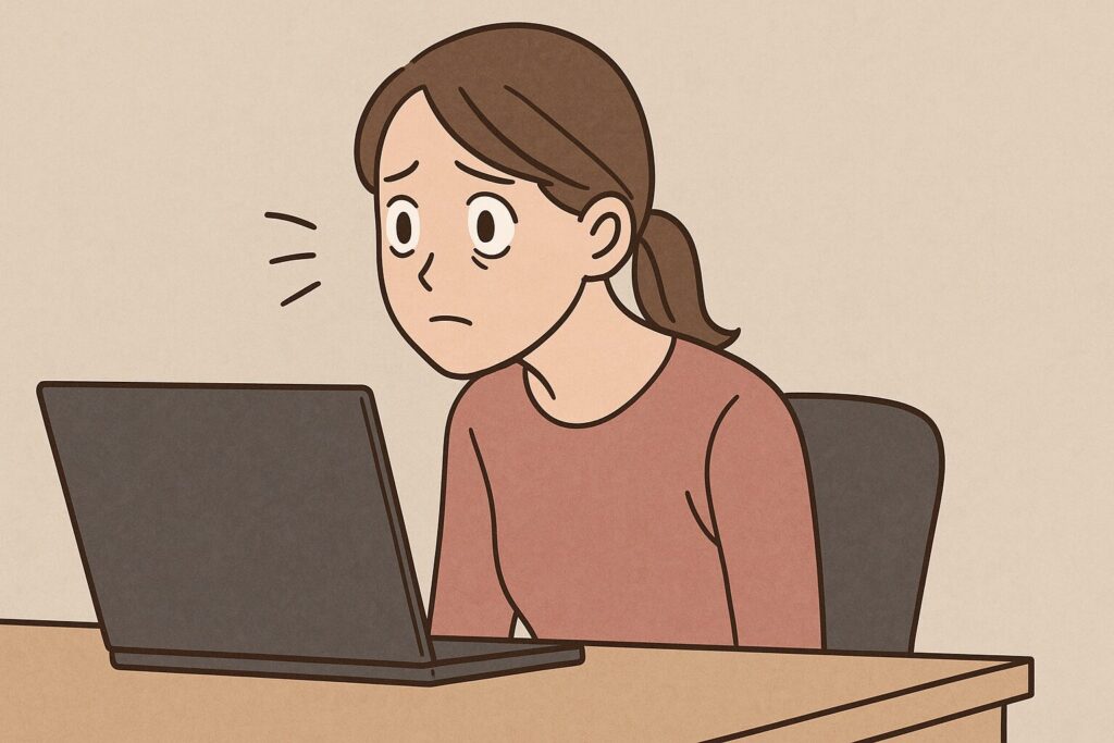 長時間画面を見続け、まばたきを忘れがちになっている女性のイラスト