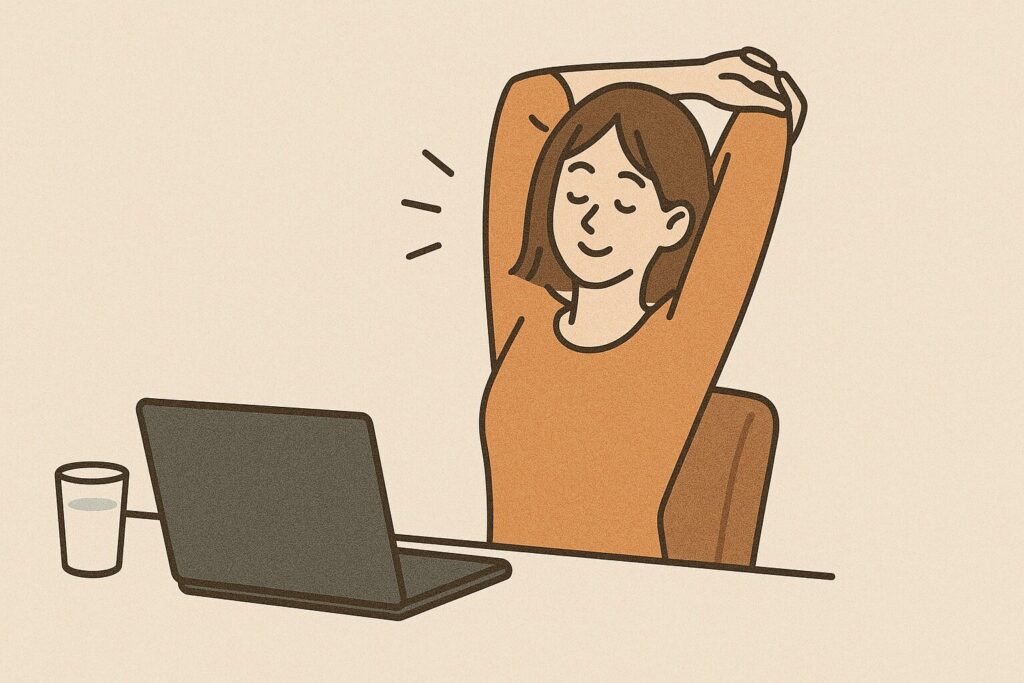 パソコン作業の合間に簡単なストレッチをしている女性のイラスト