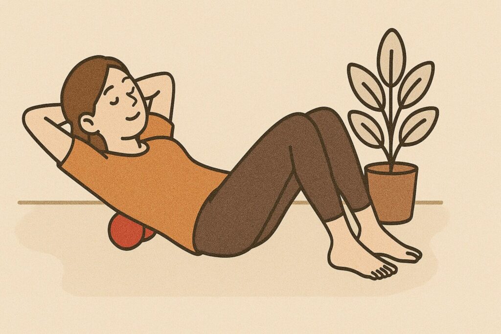 マッサージボールに体を預けてコリをケアしている女性のイラスト