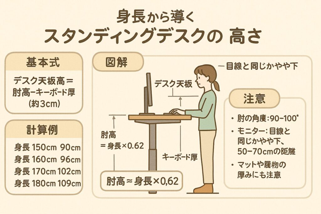スタンディングデスクの正しい高さ設定の図解