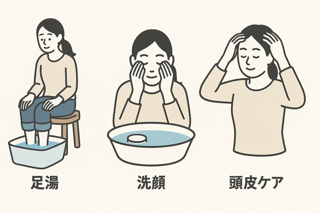 足湯、洗顔、頭皮ケアそれぞれのシーンでBARTH入浴剤を活用している女性のイラスト