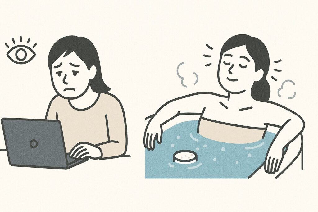 疲れた表情でパソコンに向かう女性が、BARTH入浴剤を入れた湯船に浸かってリラックスしているイラスト