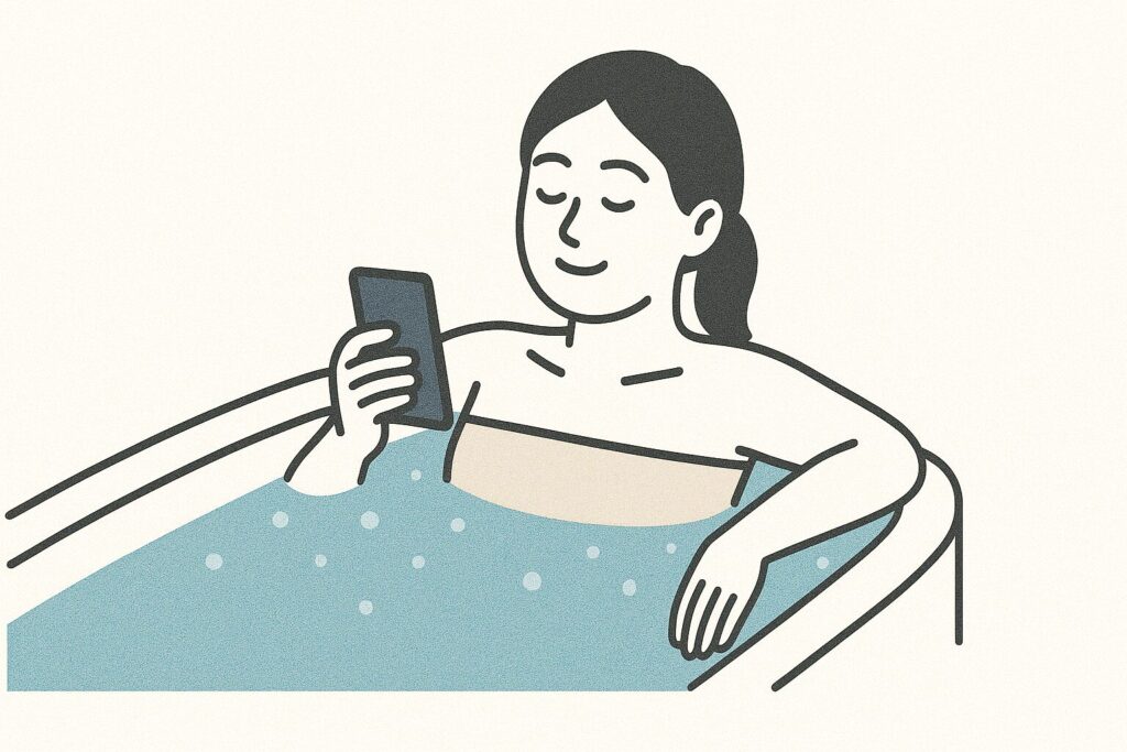 湯船に浸かりながら、スマホでリラックスしている女性のイラスト