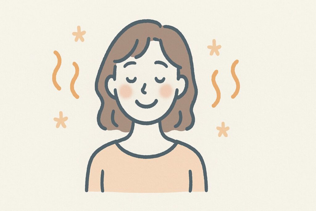 お風呂から出てしばらく経ってもポカポカしている女性のイラスト