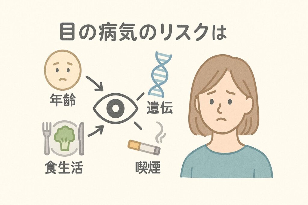 目の病気のリスクは、年齢や遺伝、食生活、喫煙といった、日々の生活習慣の積み重ねが大きく影響することを表したイラスト