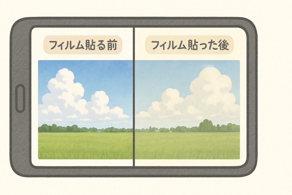 同じ風景写真を、ブルーライトカットフィルムを貼る前と貼った後で並べて比較しているスマホ画面