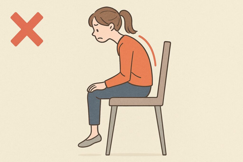 間違った座り方のイラスト（足が床につかず、猫背になっている状態）