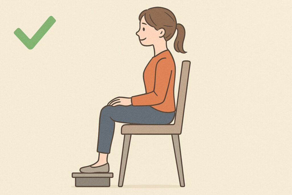 足置きを使った正しい座り姿勢の図（足裏全体が足置きにつき、膝の角度が90度になっている状態）