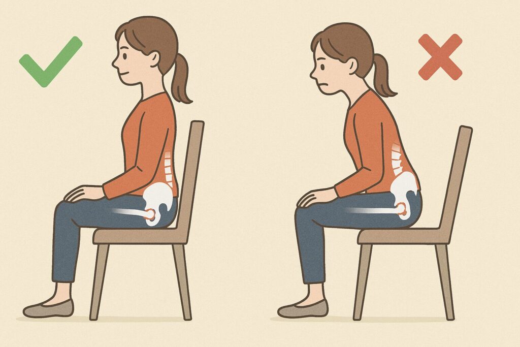正しい姿勢と悪い姿勢を比較した図（骨盤の傾きを強調）