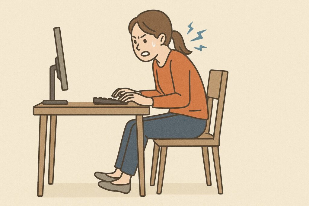 足置きがなく足元が不安定な状態のため、バランスを取ろうとして無意識に上半身に力が入っているデスクワーク中の女性のイラスト