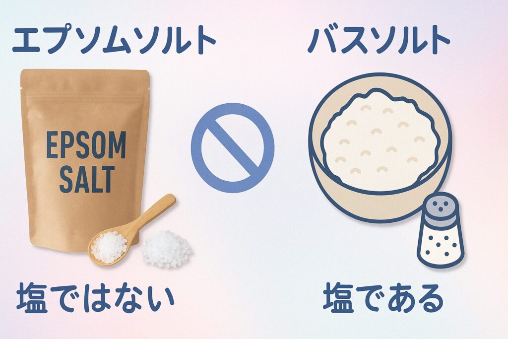 エプソムソルトとバスソルトは違うものだと説明したイラスト