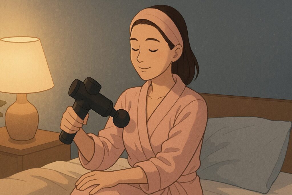 入浴後、就寝前にマッサージガンを使ってリラックスしている女性のイラスト
