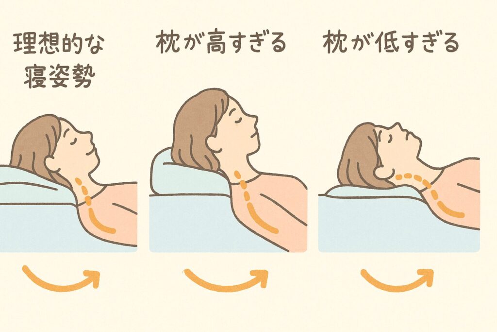 高すぎ・低すぎる枕が肩こりを悪化させる寝姿勢の比較