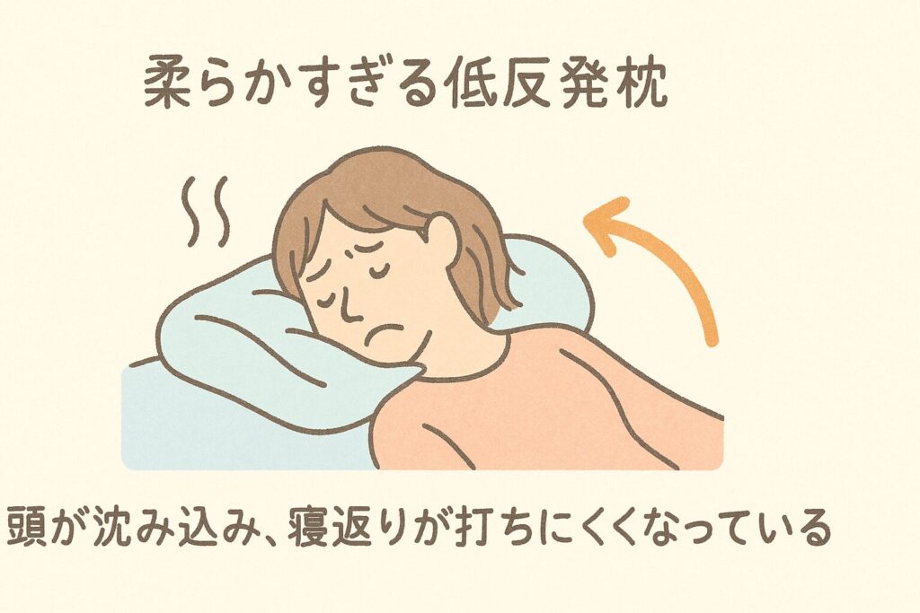 柔らかすぎる低反発枕が寝返りを妨げ肩こりを悪化させる様子