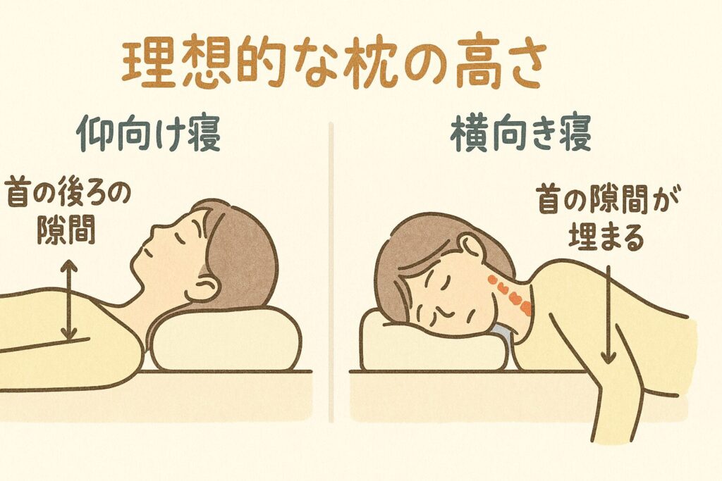 仰向け寝と横向き寝、それぞれの理想的な枕の高さを説明するイラスト
